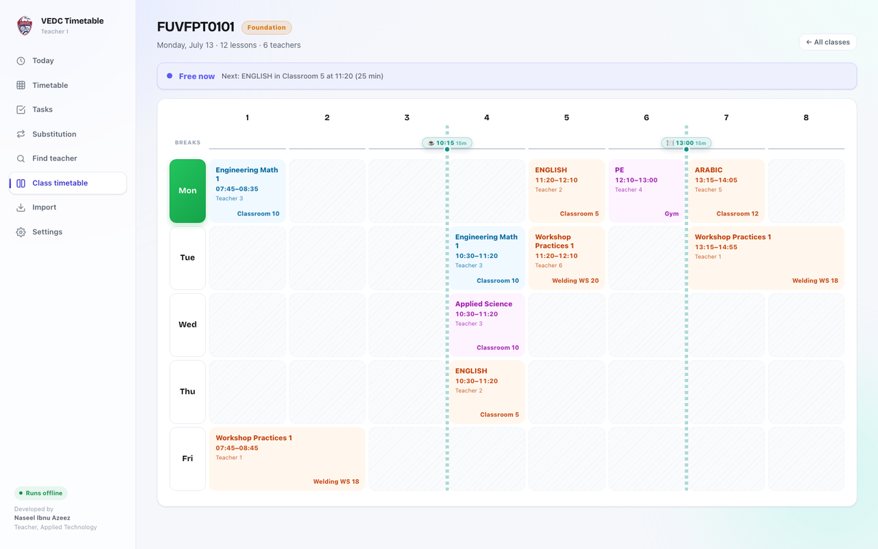 A class timetable derived from the staff PDF