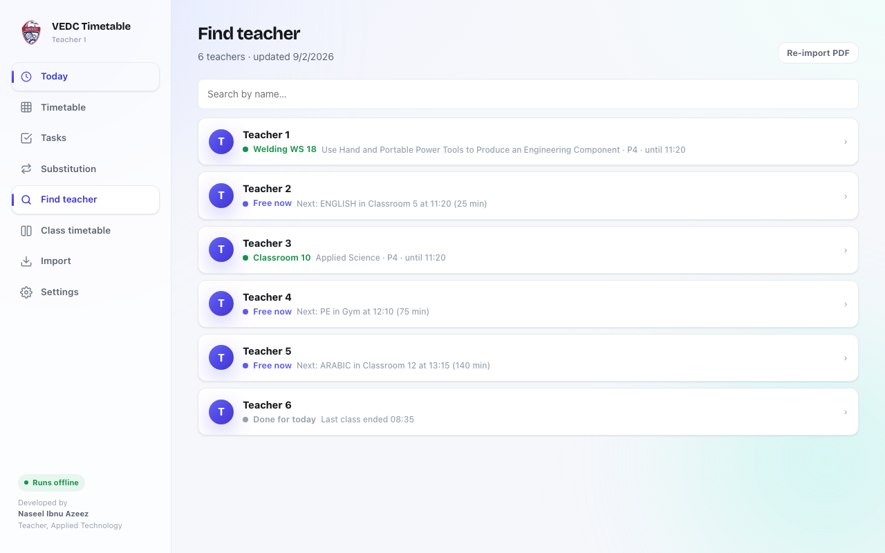 Find teacher list showing who is in class and who is free
